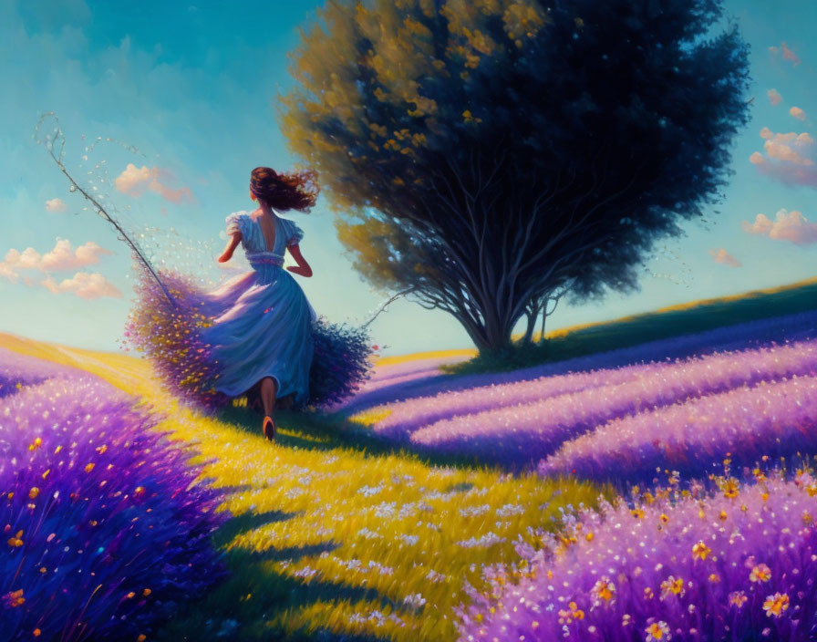 Woman in dress running through vibrant lavender field under blue sky