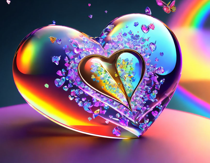 Colorful 3D-rendered heart with butterflies and sparkles