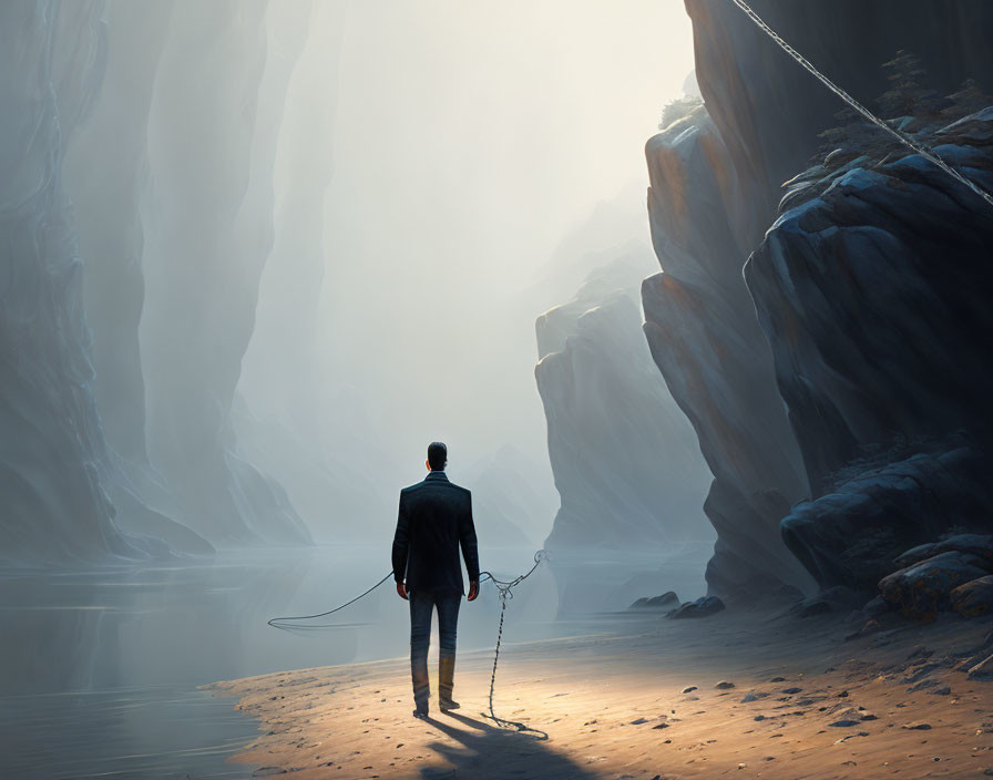 Businessman in suit at misty canyon with briefcase and rope, contemplating rocky landscape