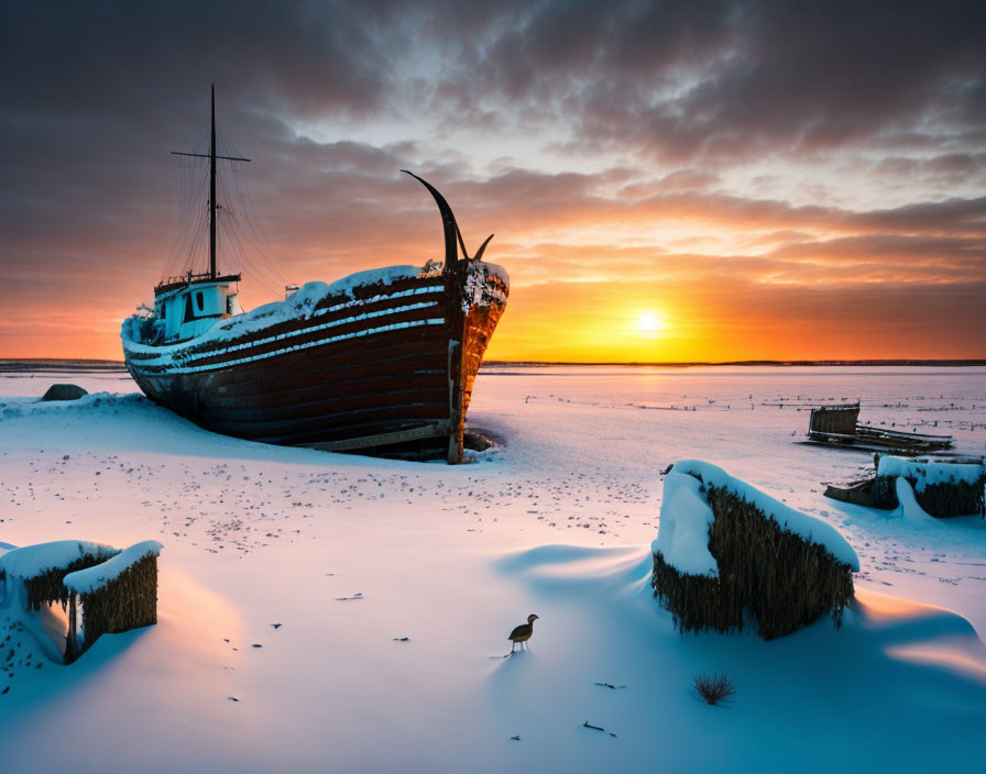 Snowy Shore Shipwreck at Sunset with Bird