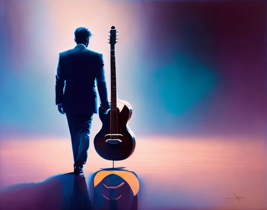 Man walking towards colorful backdrop with guitar shadow face