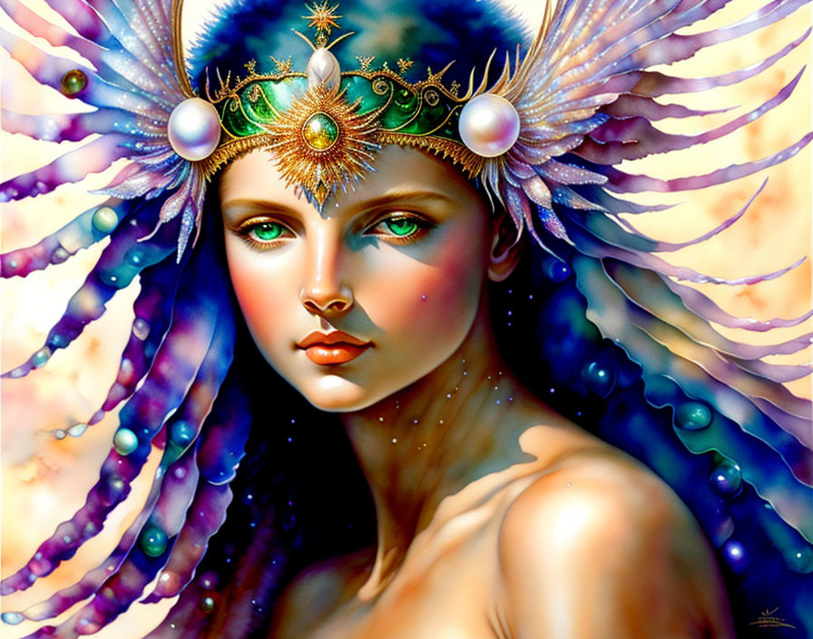 Colorful woman illustration with peacock feather headdress and wings