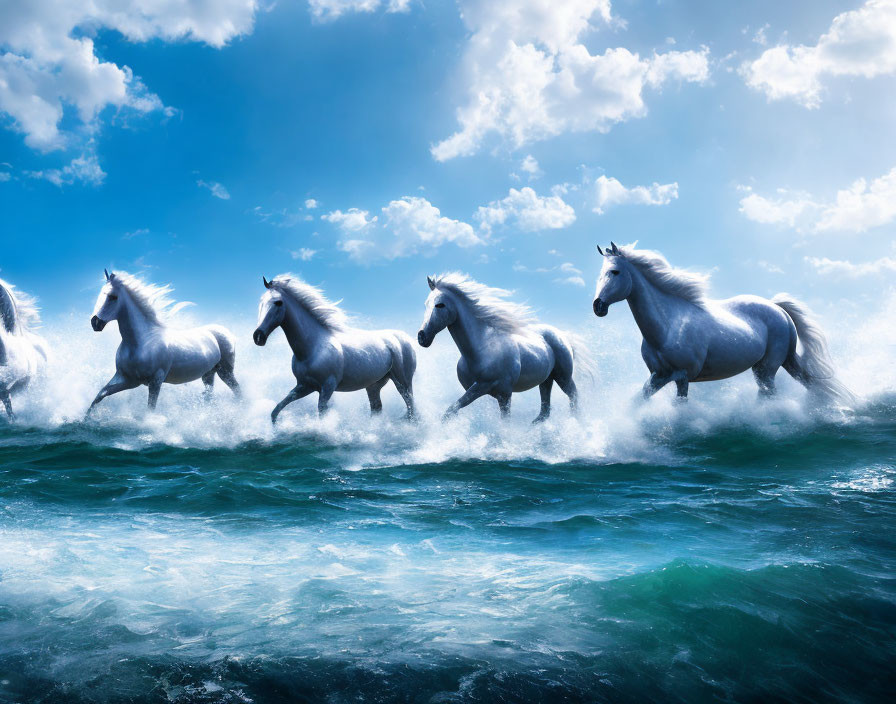 White horses galloping on ocean surface under blue sky