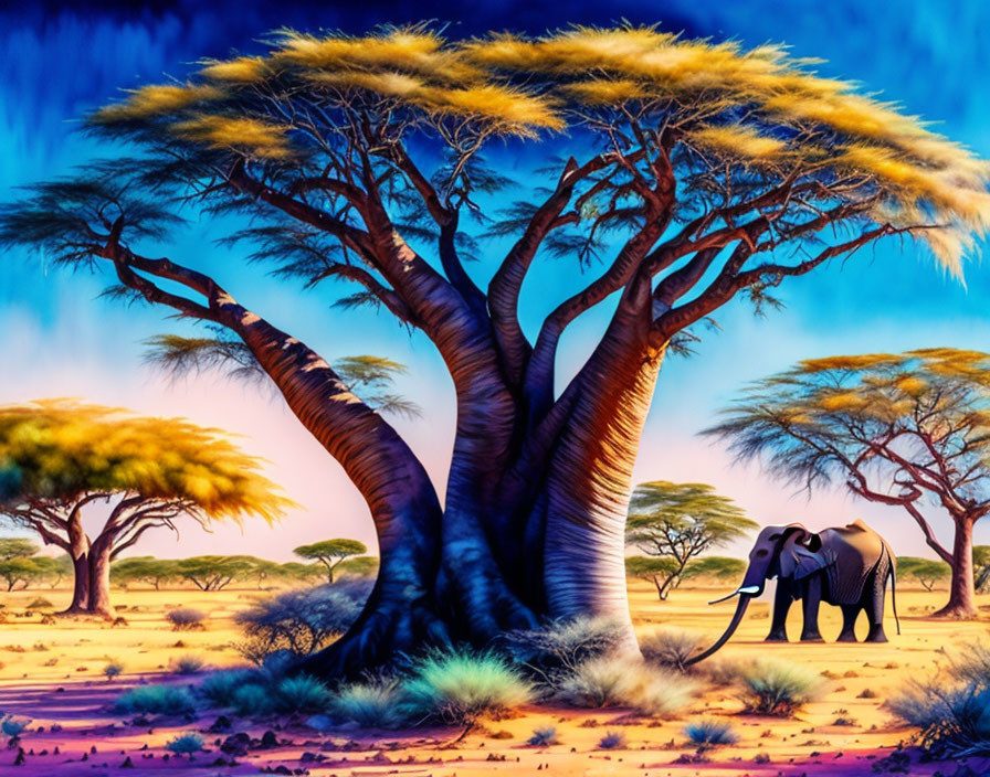 African Savanna Sunset Painting with Elephant and Baobab Trees