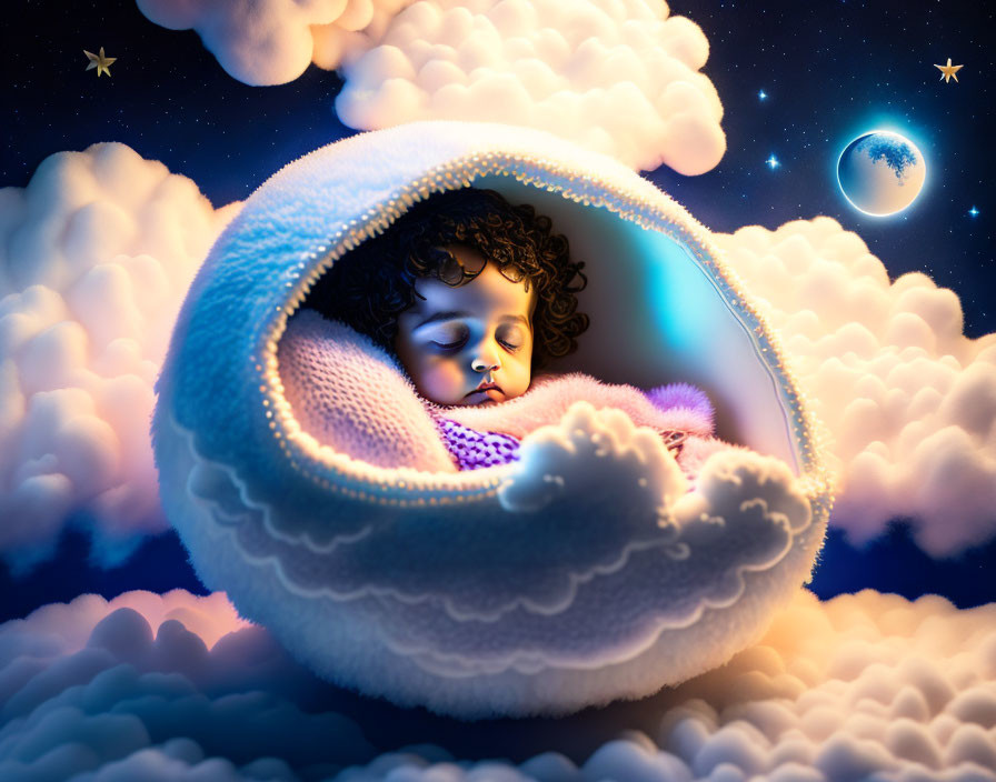 Sleeping baby in cloud-shaped cradle under night sky with stars and crescent moon