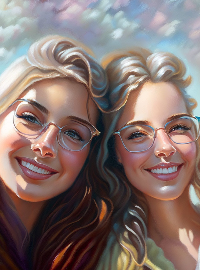 Two women with wavy hair and glasses smiling together under blurred sky backdrop