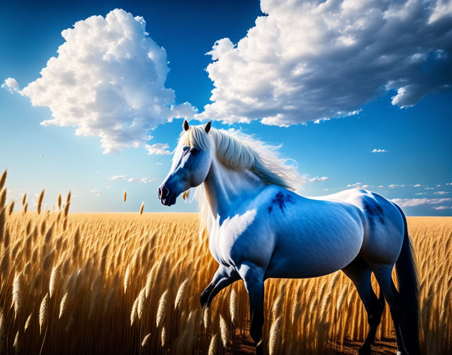 White horse with blue patches in golden wheat field under blue sky