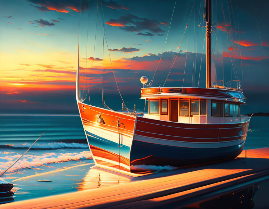 Boat on Calm Waters Reflecting Vibrant Sunset