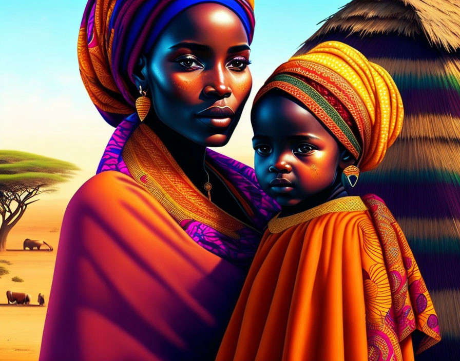 Colorful African Woman and Child Illustration in Traditional Attire