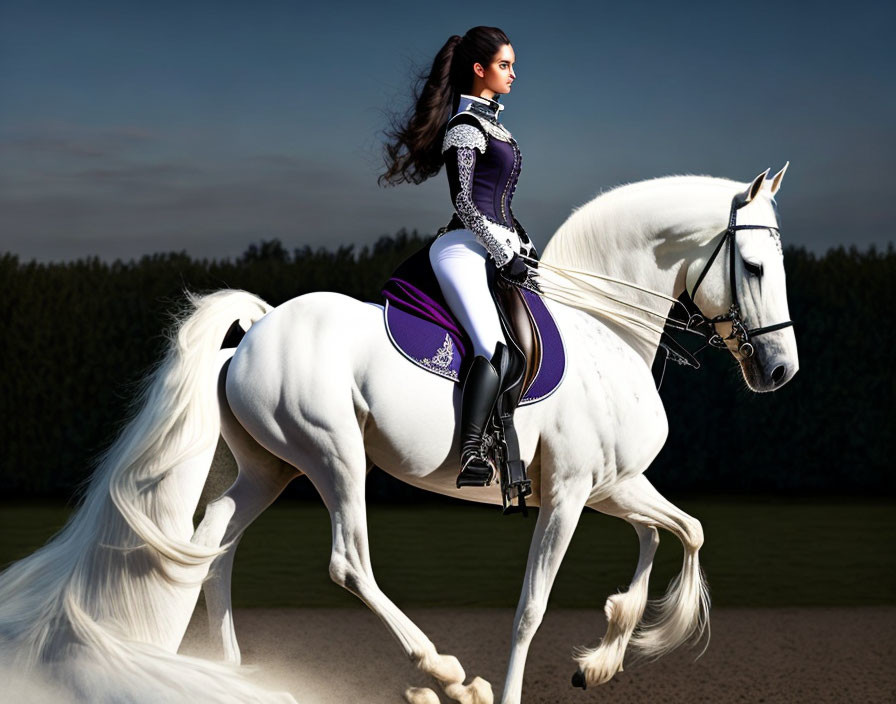 Elegant woman in equestrian attire riding white horse in verdant field