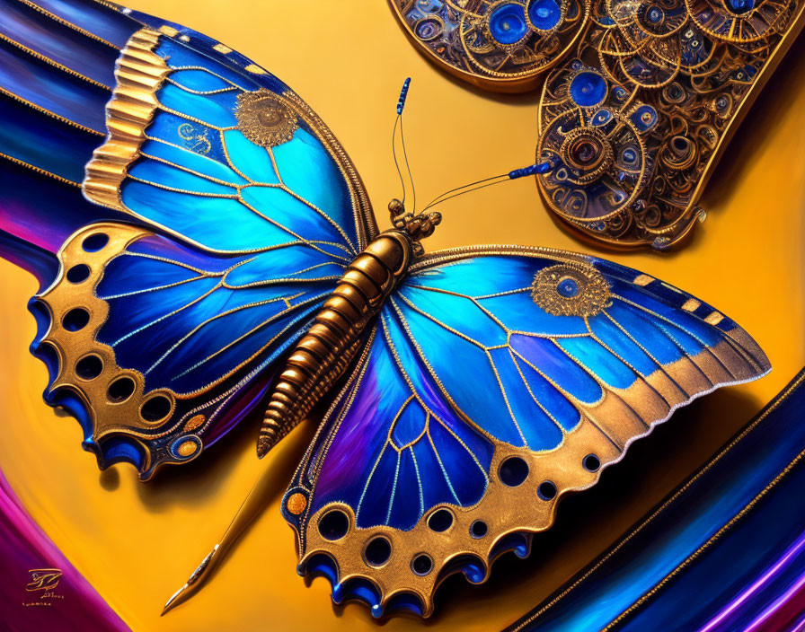 Steampunk-inspired artwork: Mechanical butterfly with blue and gold wings, gears, and metallic parts