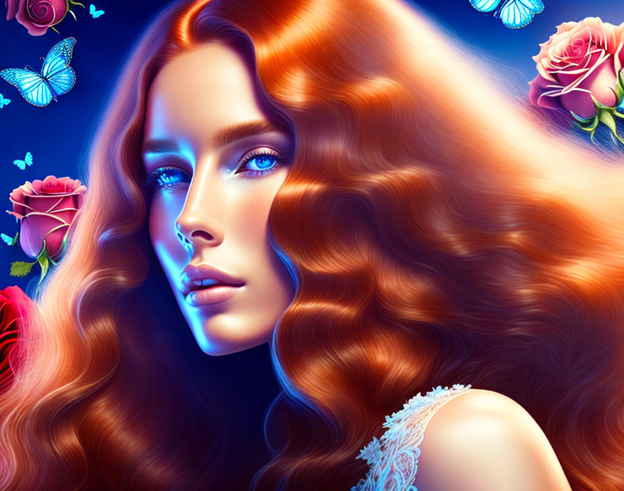 Colorful digital artwork: Woman with red hair, blue eyes, butterflies, roses on blue.