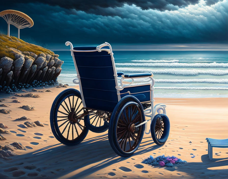 Empty wheelchair on beach at dusk with flowers, dramatic cloudy sky