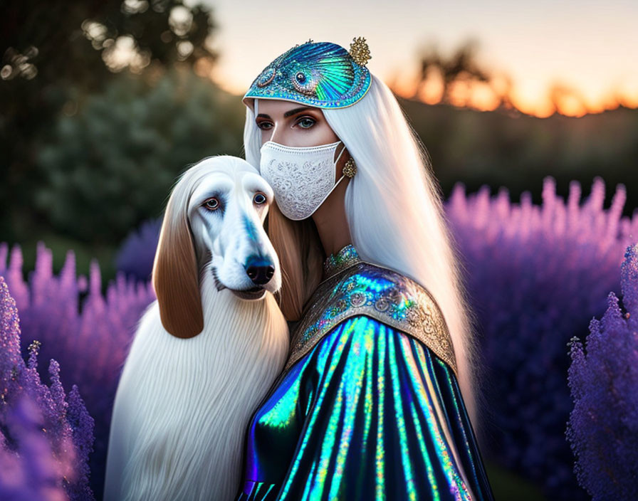 Woman in blue costume with mask poses with Saluki dog in lavender field at dusk