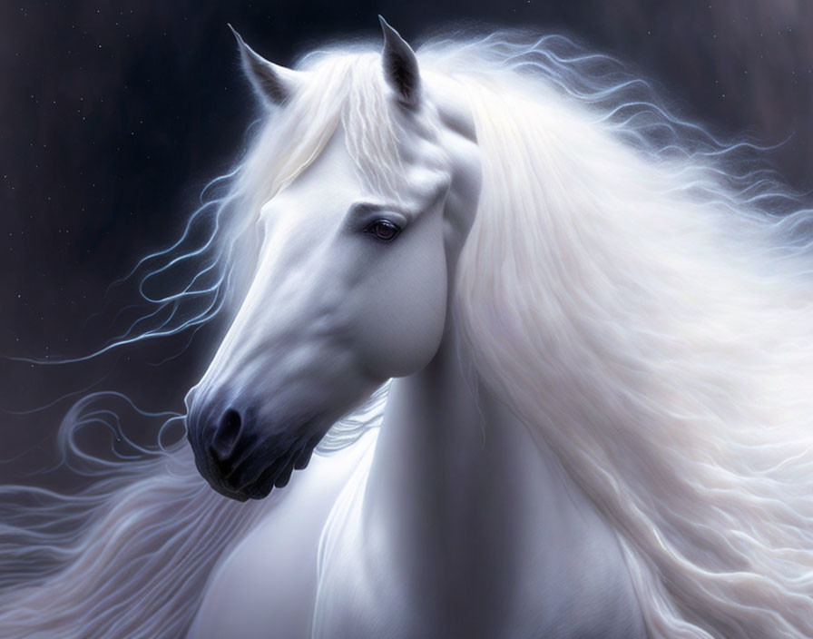 White horse with flowing mane under starry night sky