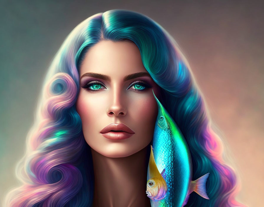 Colorful portrait of woman with wavy hair and vibrant fish in blue and yellow