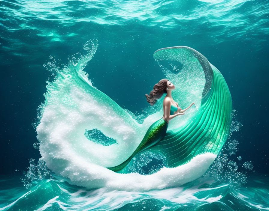 Mermaid riding wave with flowing hair and green tail in turquoise sea