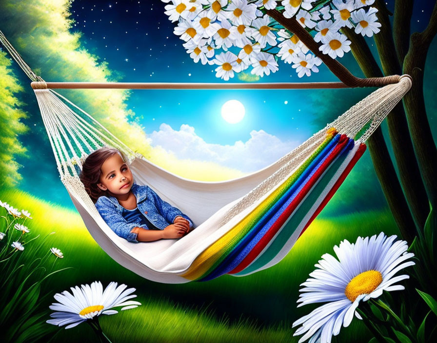 Child relaxing in colorful hammock in fantasy garden with oversized daisies & glowing moon