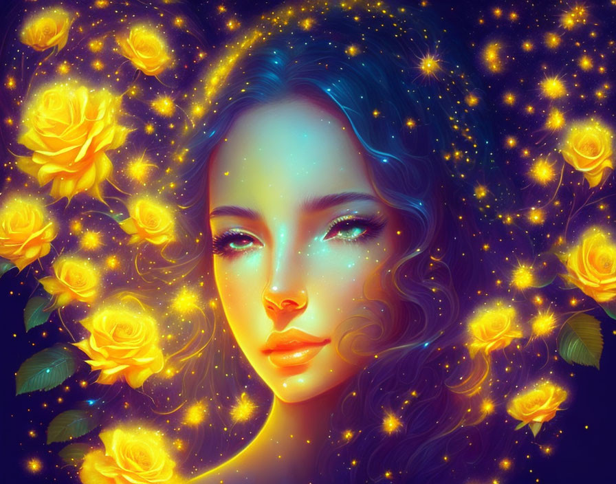 Digital artwork: Woman's face with yellow roses and stars on dark blue background