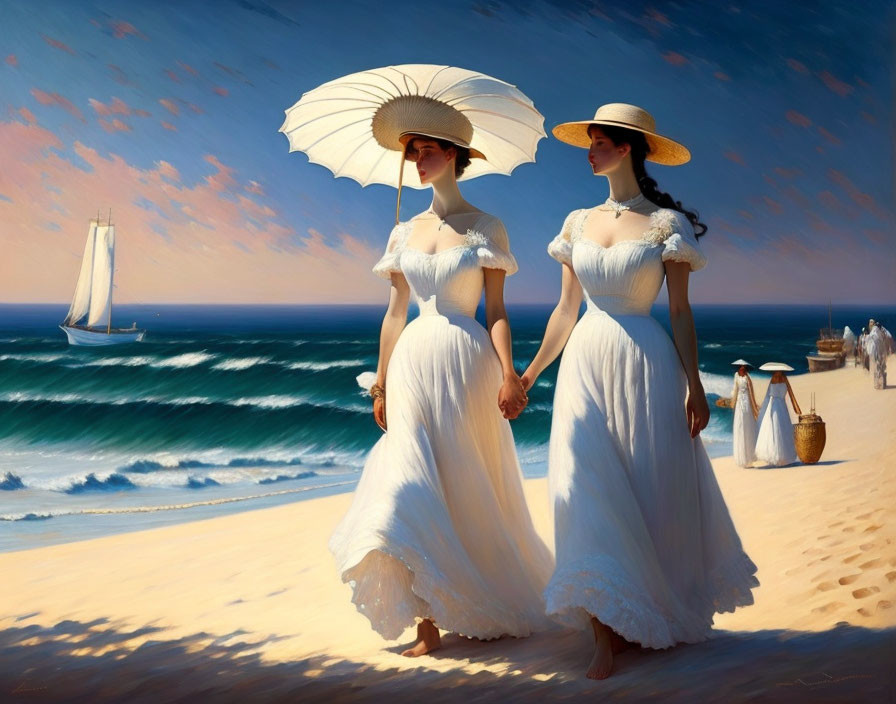 Two women in white dresses and wide-brimmed hats walking on beach with parasols and sailboat