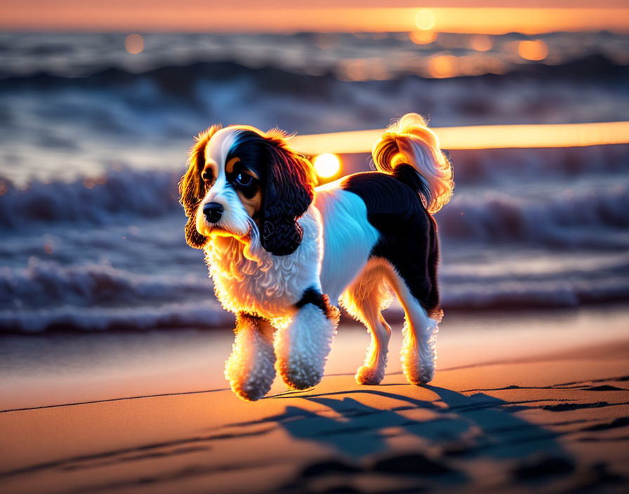 Cavalier King Charles Spaniel on Sunset Beach with Waves