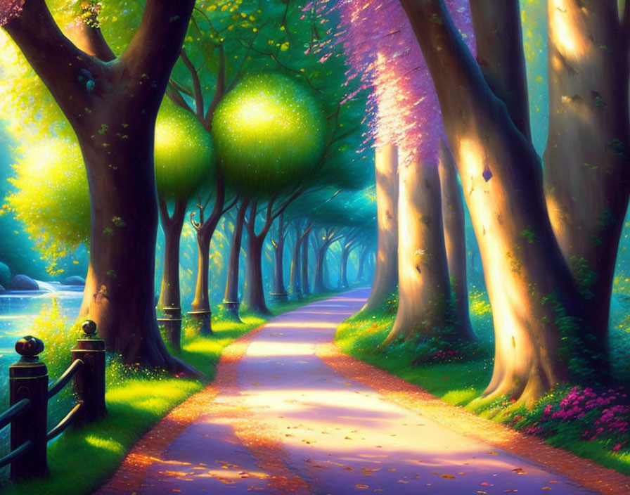 Enchanting pathway with glowing trees and flowers