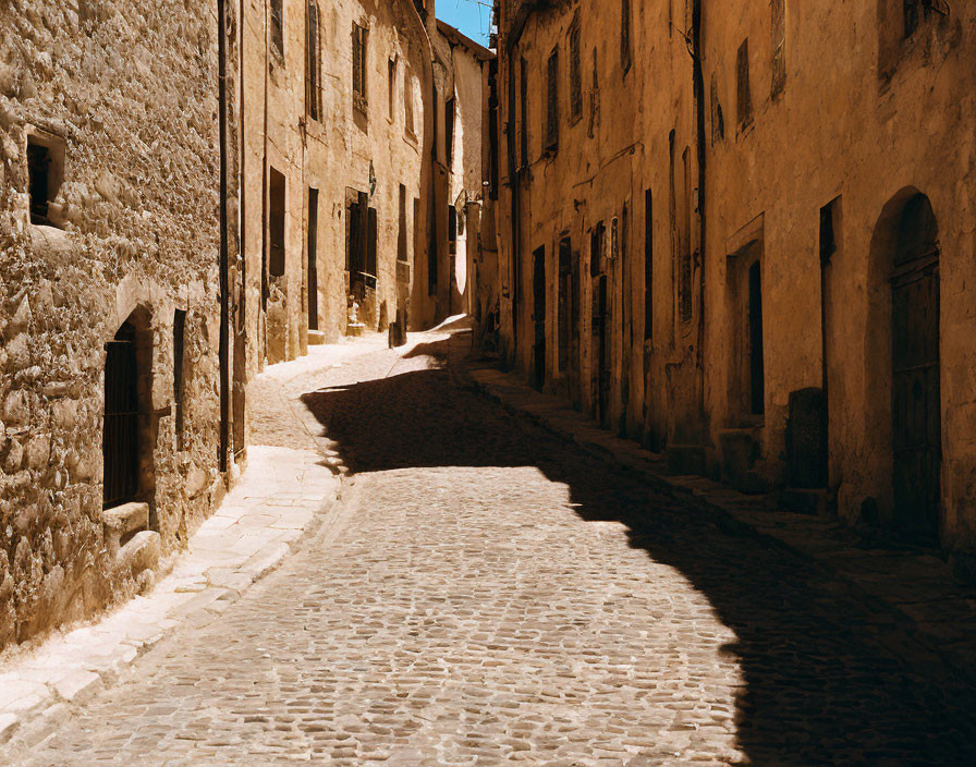 Old cobblestone street flanked by weathered buildings in sunlight