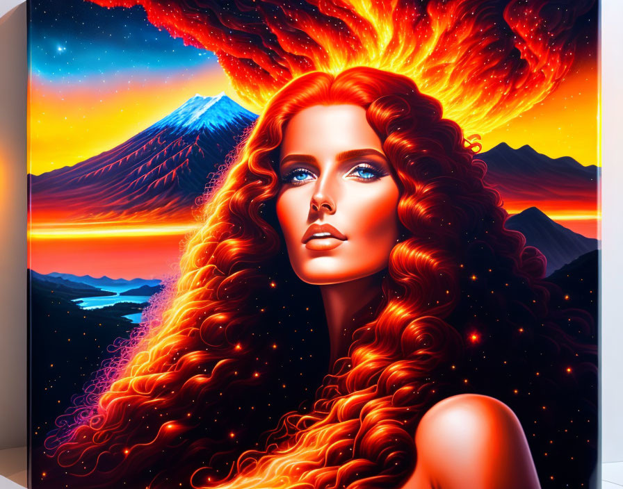 Colorful artwork: Woman with red hair in cosmic scene with volcano, stars, and sunset.