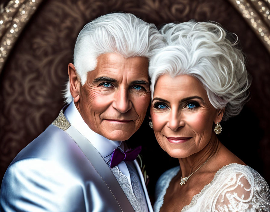 Elderly Couple in Elegant Attire with Stylish White Hair posing joyfully