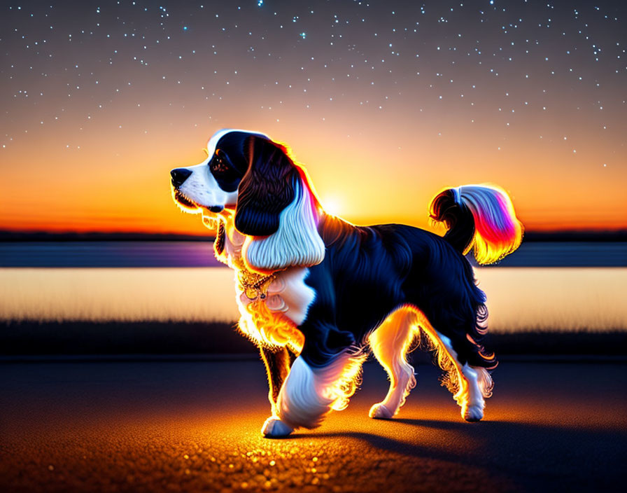 Digitally enhanced dog with glowing outlines in sunset and starry sky.