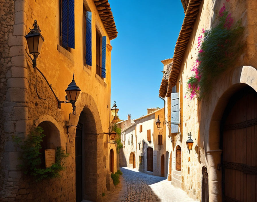 Historic town: empty cobblestone street, yellow buildings, lanterns