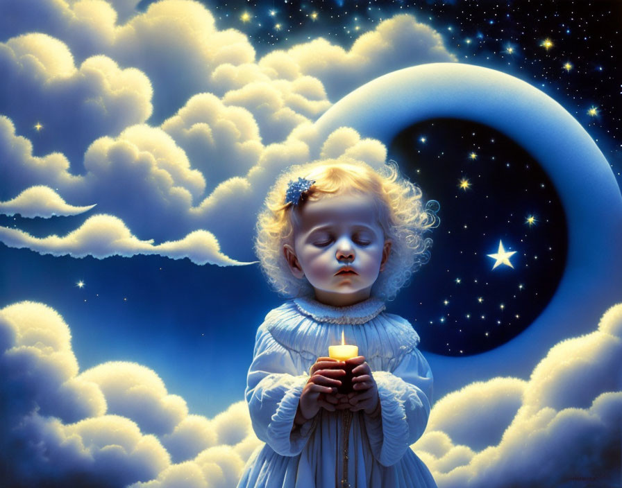 Blonde curly-haired child holding a lit candle in night sky scene