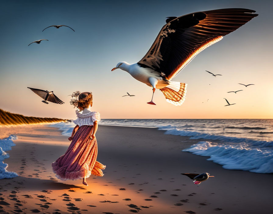 Young girl in pink dress walks on beach at sunset with seabirds flying in warm golden sky