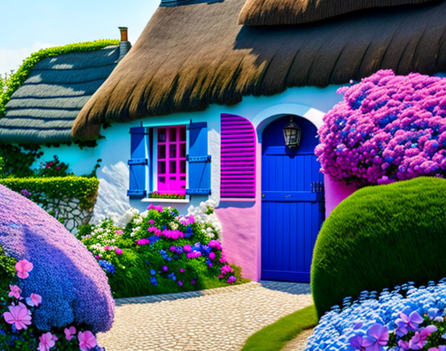 Thatched Roof House with Blue Doors and Hydrangeas