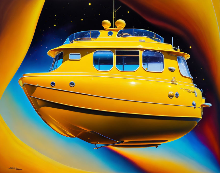 Colorful digital artwork: Yellow submarine-like vehicle in space scene