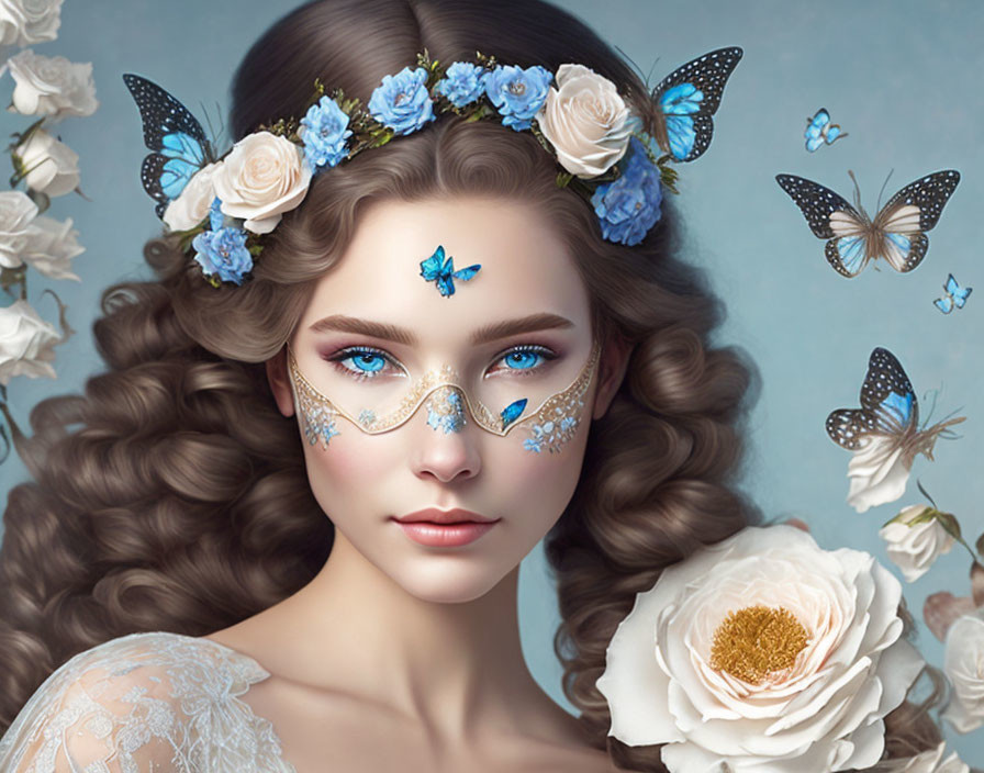 Woman wearing floral and butterfly mask with blue butterfly hair adornments in floral and butterfly-themed setting.