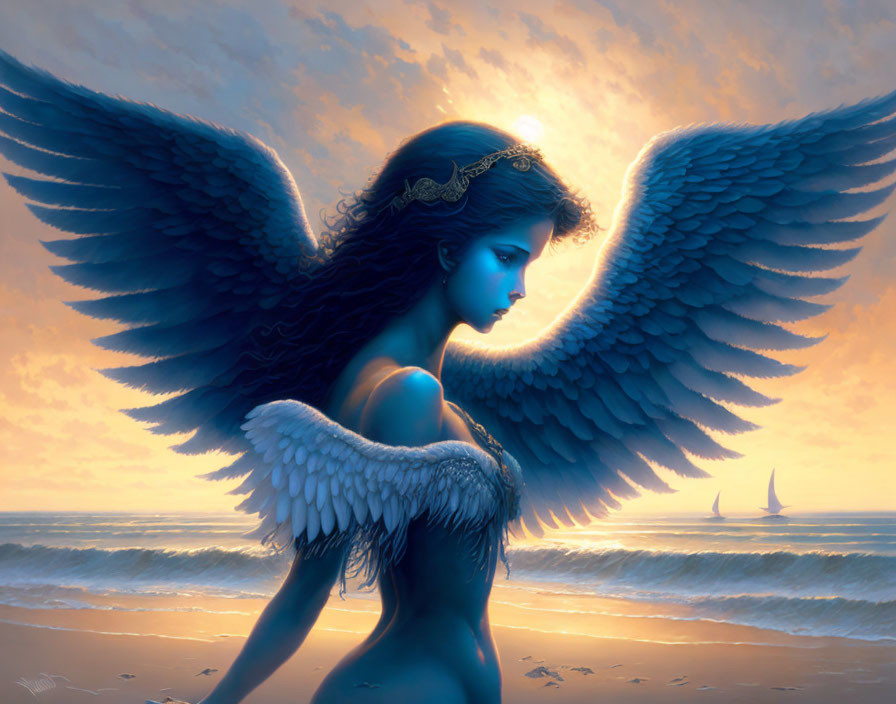 Angel with Blue Wings on Beach at Sunset with Sailing Ships