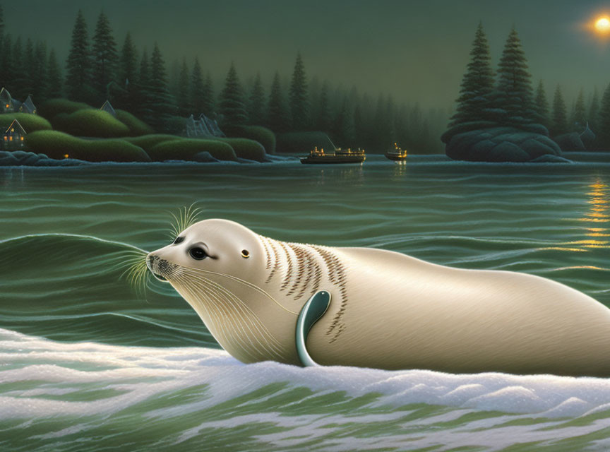 Seal resting on snow by moonlit water with pine trees and glowing cabins