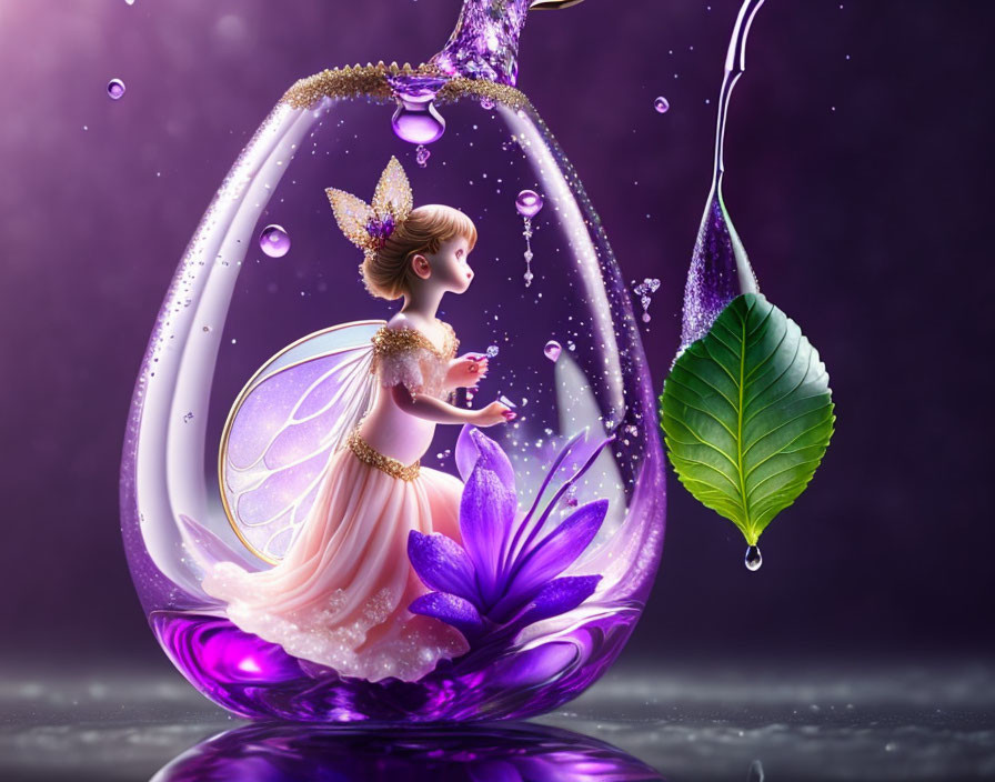 Whimsical digital artwork of fairy in bubble with purple liquid, heart, flower, and pouring dro