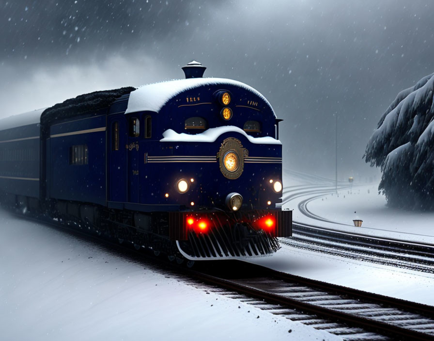 Vintage Blue Train Travels on Snow-Covered Tracks at Night