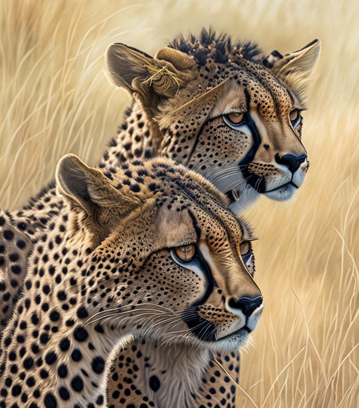 Two resting cheetahs in savannah with golden grass, showcasing spotted coats.