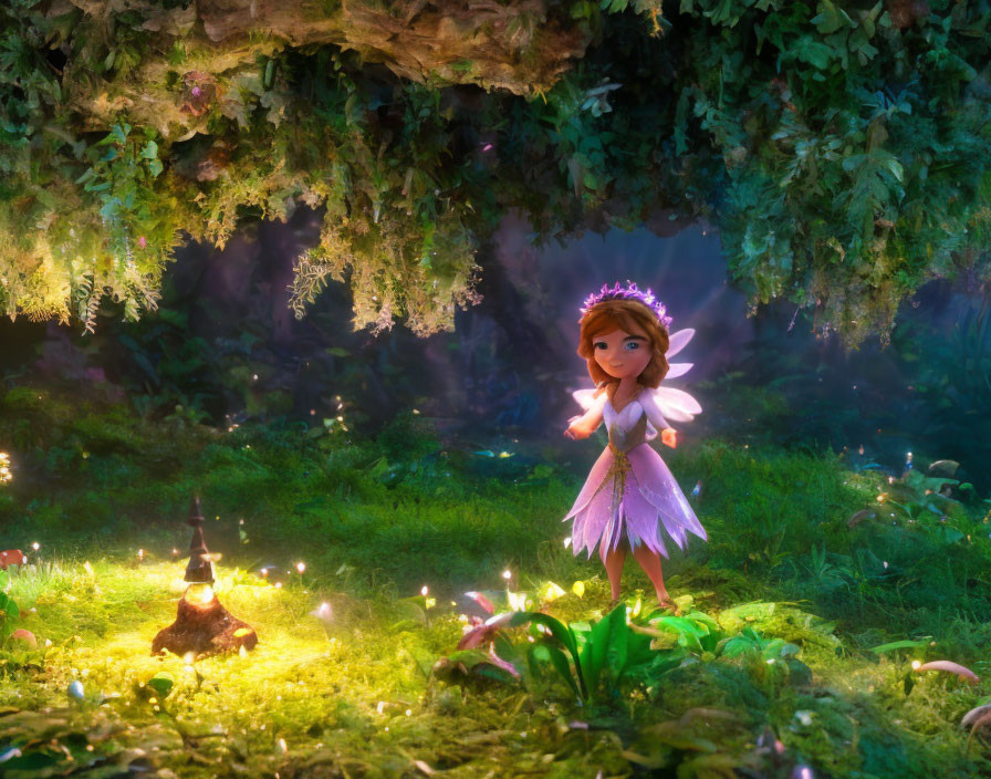 Glowing fairy in mystical forest with luminescent flowers & tiny cauldron