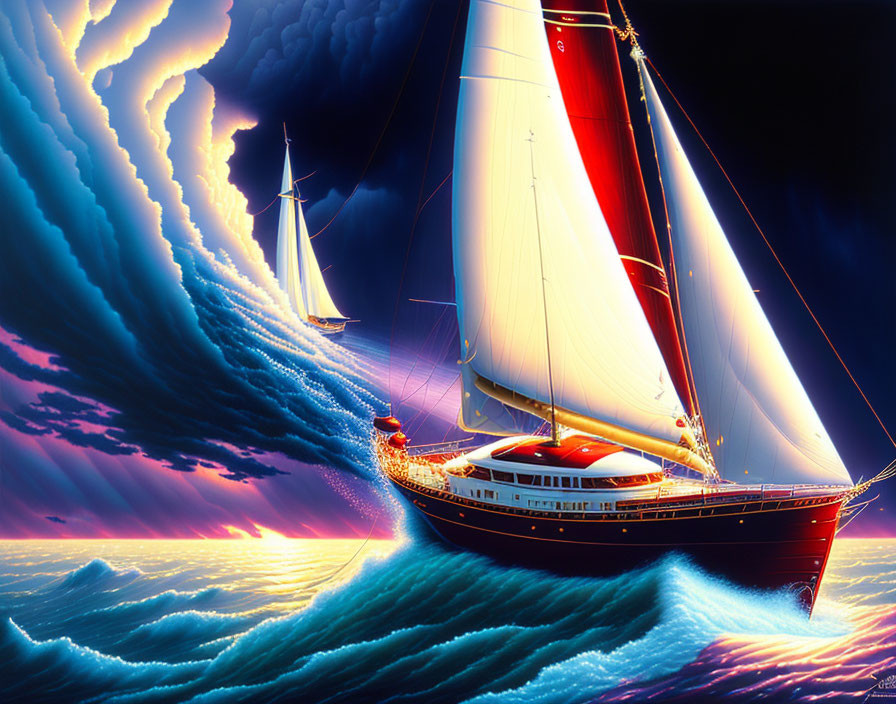 Vibrant digital art of sailboats on wavy ocean at sunset