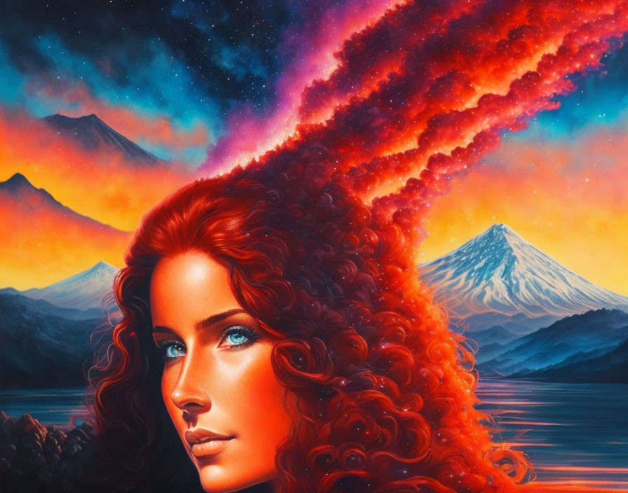 Colorful artwork: woman with red hair in cosmic landscape