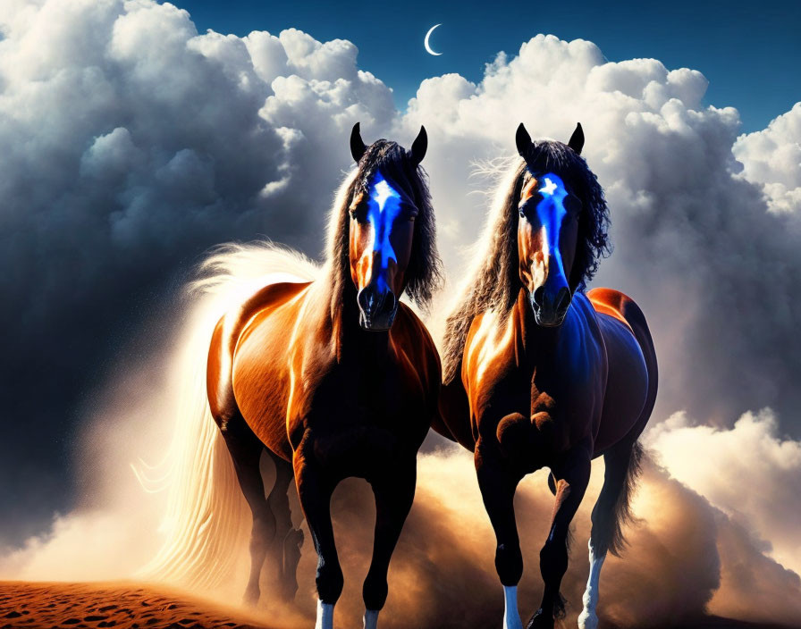 Majestic horses gallop on sandy terrain under crescent moon