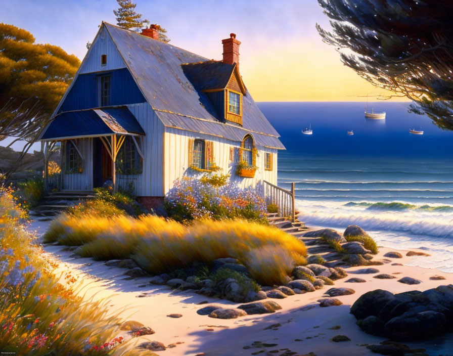 Seaside Cottage with Blue Shutters and Beach View