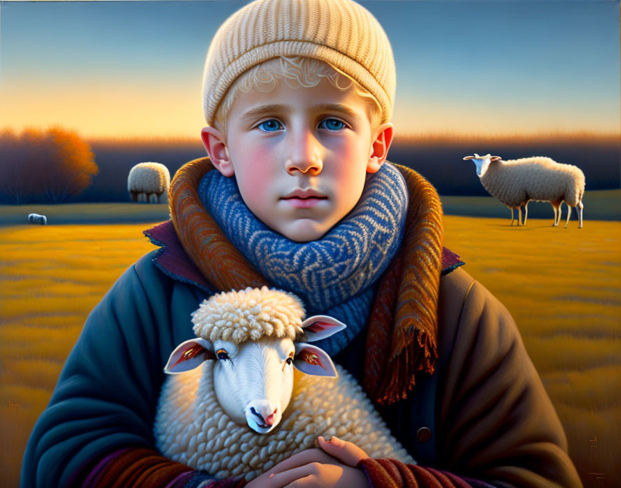 Young boy holding lamb in sunset with sheep - Painting