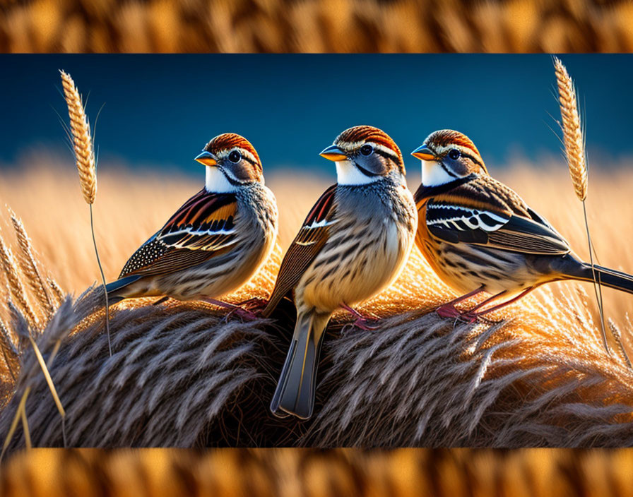 Sparrows on wheat straw in golden field with blue sky