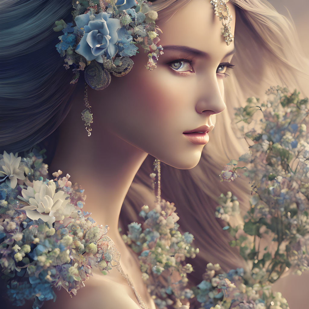 Lady portrait with floral adornments and intricate jewelry in serene expression