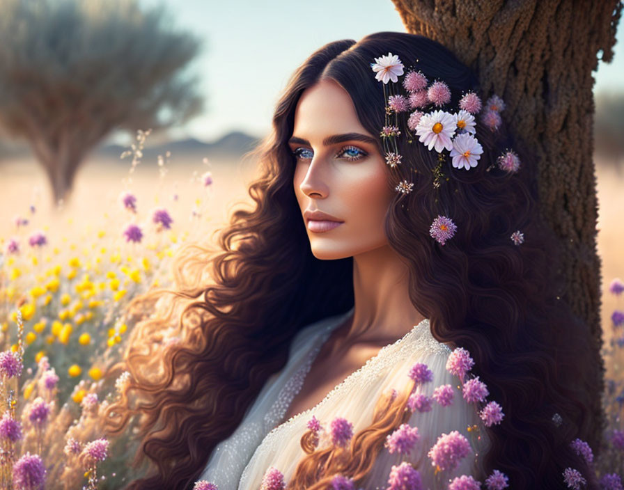 Woman with long curly hair and flowers standing by tree in wildflower field at golden hour